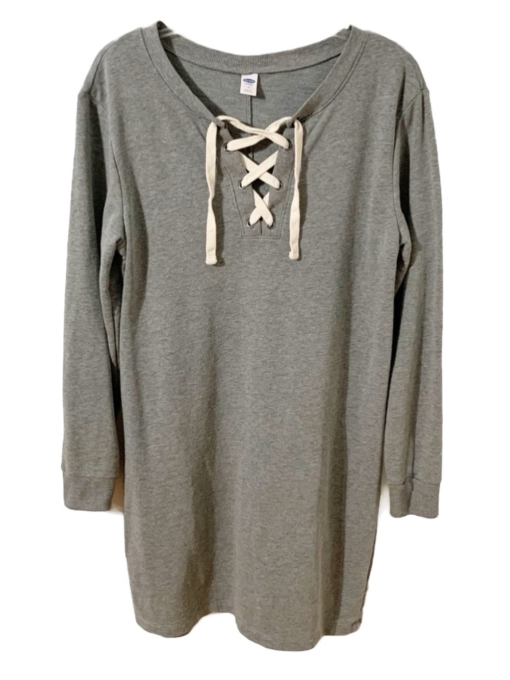 Old Navy Lace Up Fleece Long Sleeve Midi Shirt Dress Cuffed Sleeves Heather Gray